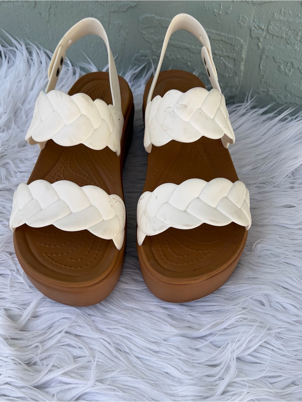 CROCS White Braided Strap Platform Sandals with Brown Footbed
